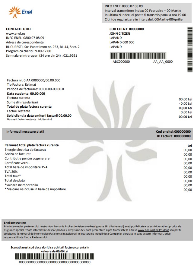 Romania Enel electricity proof of address utility bill template in Word and PDF format (.doc and .pdf)